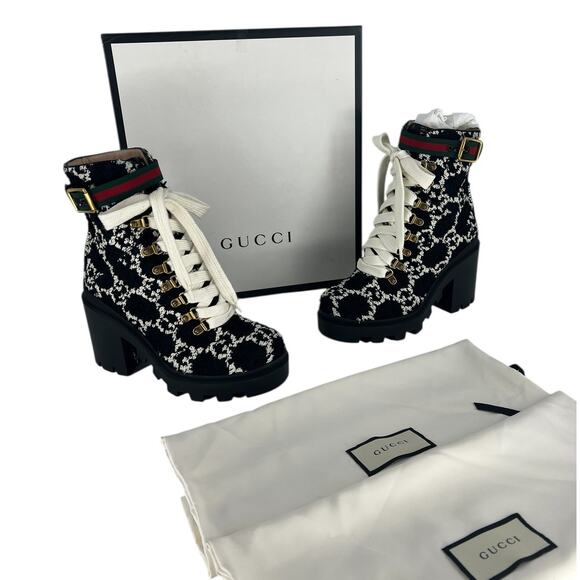 Gucci Tweed GG Monogram Lace Up Combat Ankle Boots - Picture 4 of 15